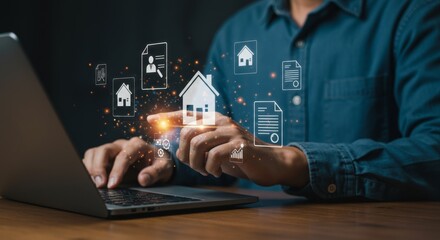 Person working on laptop with holographic house and document icons symbolizing digital real estate management