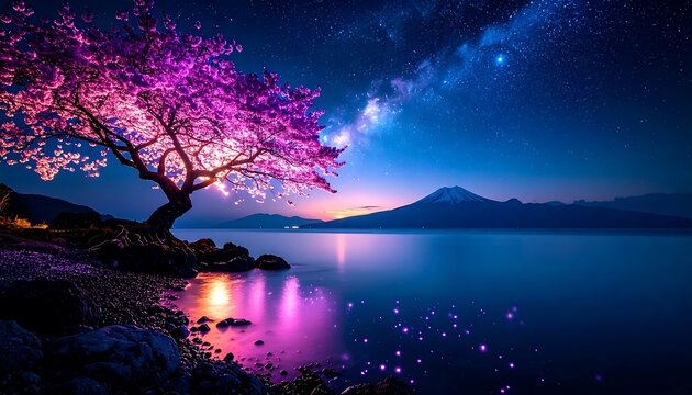Night sky over lake with pink trees