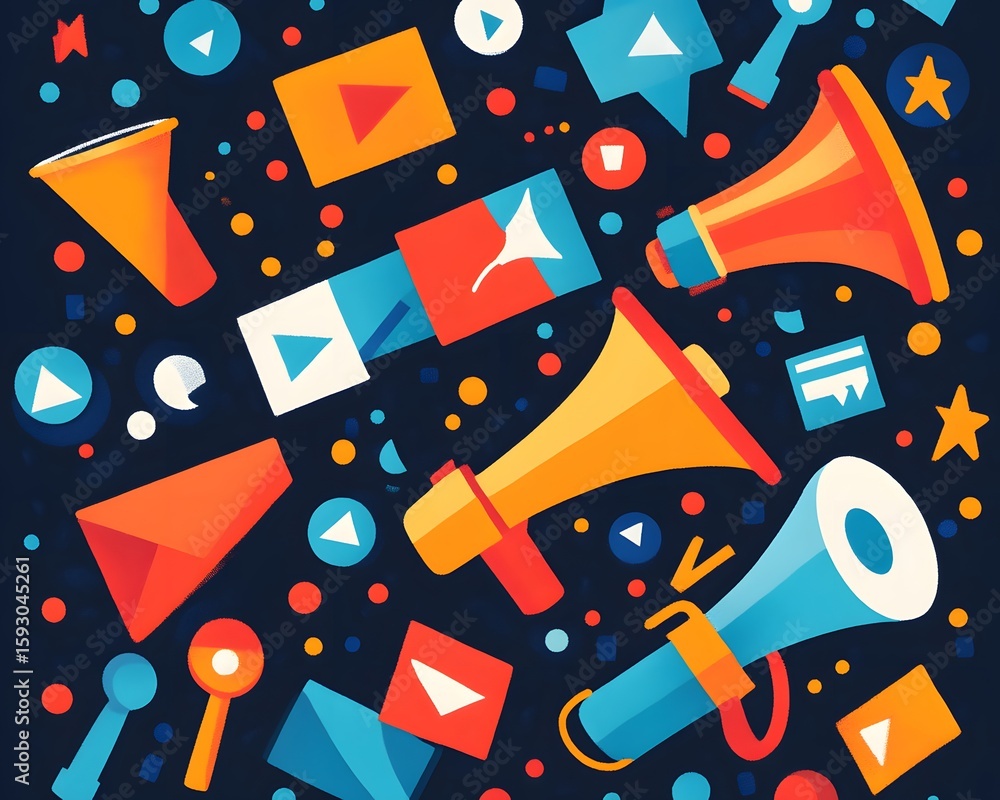 Aufkleber a vibrant array of colorful geometric shapes and megaphones set against a dark background. perfect f