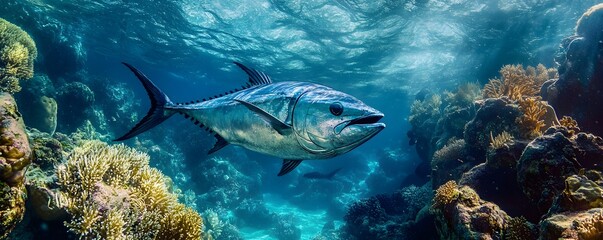 Fototapeta premium A vibrant underwater scene featuring a majestic fish gliding gracefully amidst colorful coral reefs and marine vegetation, showcasing the beauty of ocean life and biodiversity.