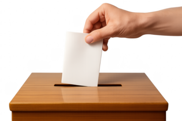 Hand inserting voting ballot in a wooden box on transparent background