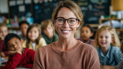 Smiling teacher posing in classroom surrounded by eager students, creating a warm and inviting learning environment.