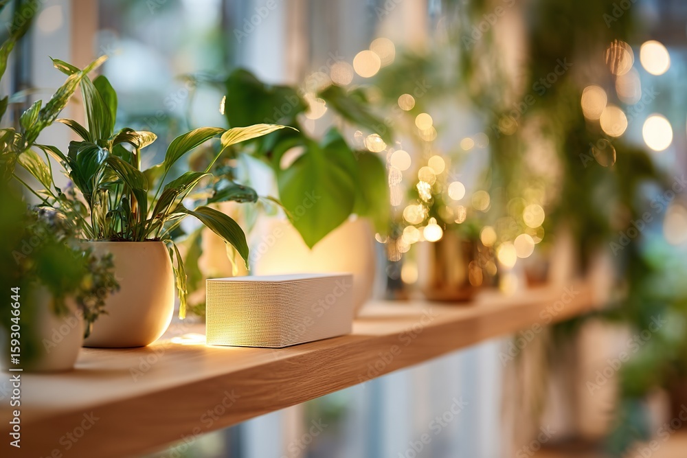 Poster ambient sound unit blends with plants on a beautifully arranged floating shelf