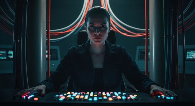 Young caucasian female operative at control panel in futuristic command center