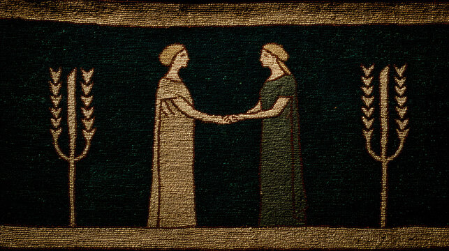 Ruth and Boaz Story Illustrated Ancient Manuscript Page Biblical Narrative Heritage Love and Redemption Historical Depiction Antique Art Work Faith and Devotion
