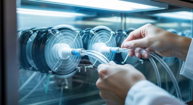 Hands adjusting tubing in laboratory equipment for precision fluid control