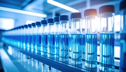 Rows of lab tubes filled with blue liquid
