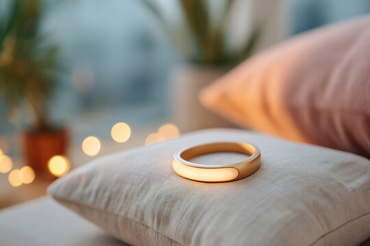 Fall detector bracelet resting on a cushion with soft lighting in a cozy room setting