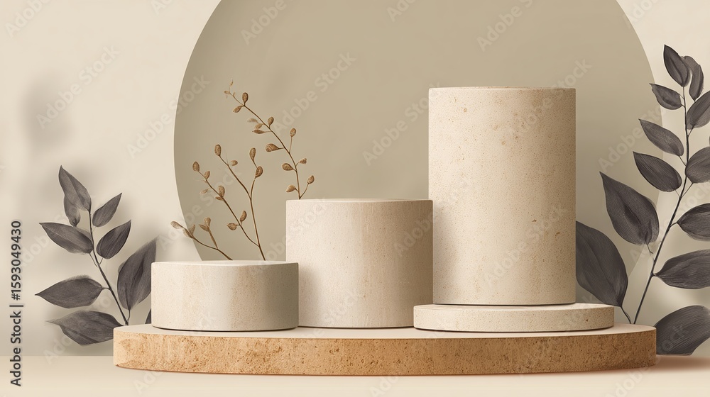Poster minimalist product display featuring cylindrical platforms and botanical accents, set against a soft
