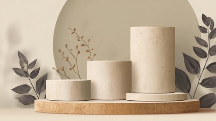 Minimalist product display featuring cylindrical platforms and botanical accents, set against a soft, neutral backdrop creating an elegant presentation.