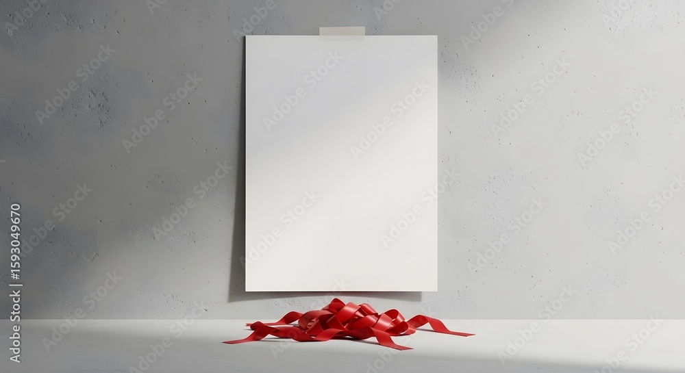 Aufkleber white blank paper with tape on gray textured wall with shadows and red objects