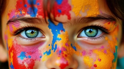 Young girl with vibrant face paint in bright colors, showcasing artistic expression and creativity, with striking blue eyes and a joyful demeanor, capturing the essence of childhood playfulness