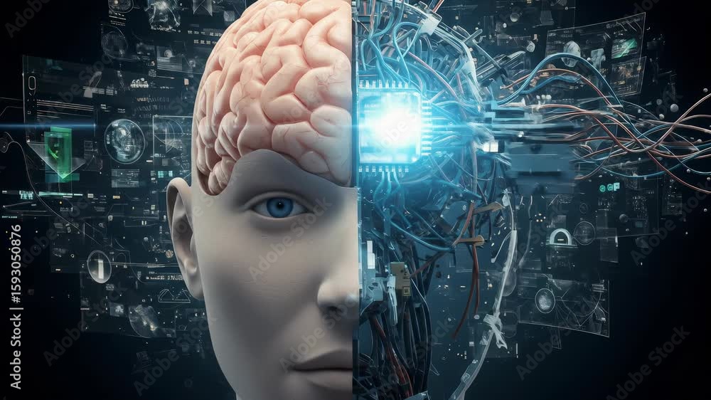 Poster human head with half a brain connected to a glowing circuit board and wires, artificial intelligence
