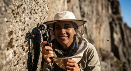 Obraz premium Female beekeeper observing bees in natural rocky habitat