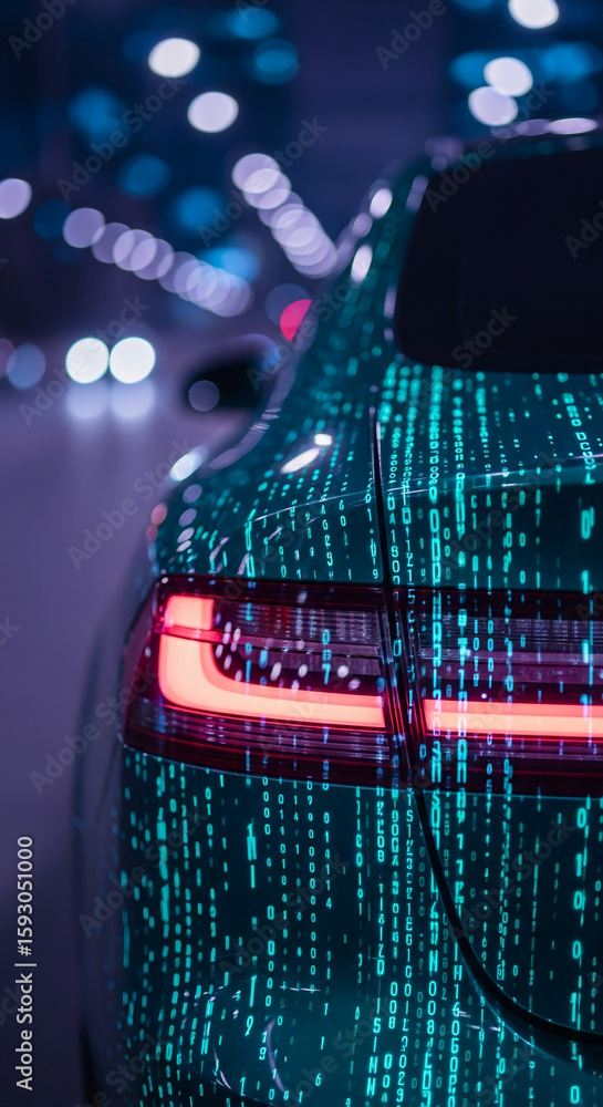 Poster close-up of electric car's rear, displaying binary code on its surface, showcasing technological adv