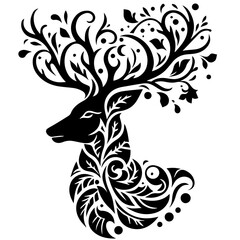Ornate Black Deer with Floral Antlers and Body.