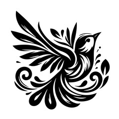 Stylized Black Bird with Flowing Feathers and Swirls.