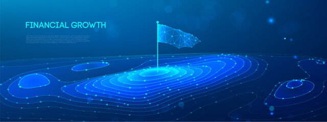 Flag on mountain peak symbolizing tech business success and leadership growth. Abstract 3D wireframe design with climbing arrow showing career achievement path. Vector illustration.