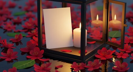 An illuminated candlelit lantern with a blank card surrounded by red flowers and petals on a dark reflective surface.