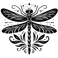 Stylized Black Dragonfly with Ornate Wings and Floral Accents.