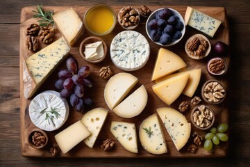 Top view of rustic cheese board with Brie, Camembert, blue cheese, Gouda, Parmesan, walnuts, grapes, plums, and rosemary on wooden table with copy space – perfect for gourmet food, restaurant, menu