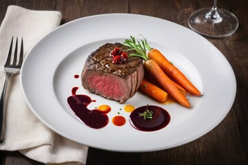 Elegant beef tenderloin steak with red wine sauce and baby carrots, served on white ceramic plate with linen napkin and fork on dark wooden table – ideal for gourmet, fine dining, menu design, poster