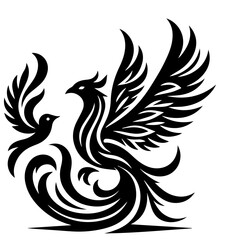 Stylized Black Phoenix and Bird Silhouette.