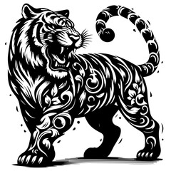 Stylized Black Tiger with Floral Ornaments.