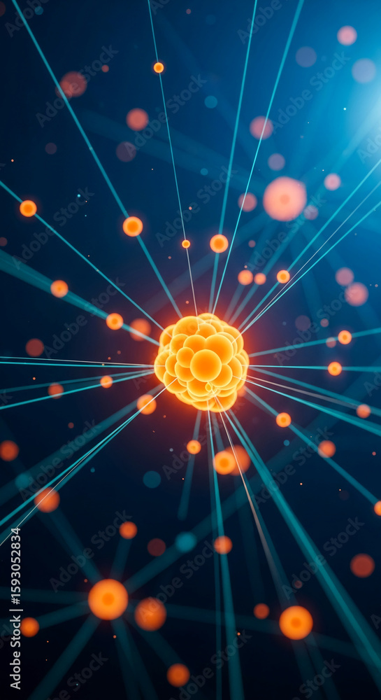 Poster abstract image of glowing orange spheres connected by teal lines on dark background, symbolizing net