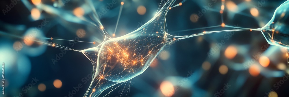 Poster microscopic image of a neuron with a glowing nucleus, enhanced to highlight intricate details.