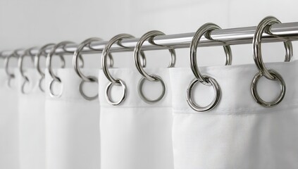 Close-Up of White Fabric Shower Curtain on Metal Rod in Minimal Bathroom Interior &ndash; Modern Home Decor Concept Isolated on White Background