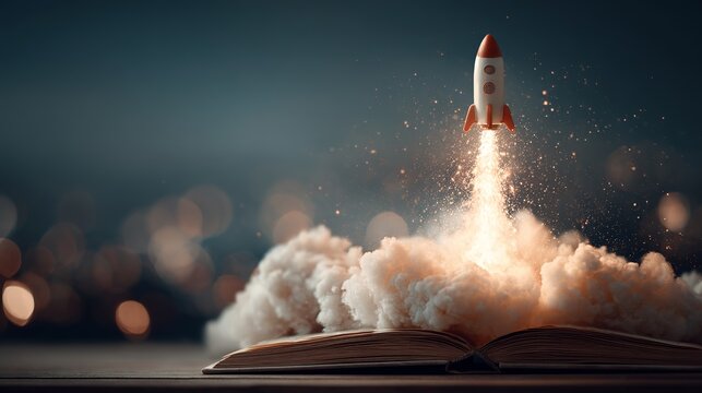 Rocket launching from book, sparks ignite imagination and learning, representing successful career growth and creative ventures.