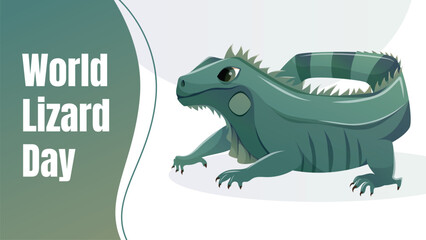 Horizontal vector banner for World Lizard Day. Cute green cartoon lizard illustration with festive layout. Ideal for animal celebration events, nature awareness, and wildlife-themed designs.