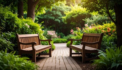 Obraz premium Peaceful garden path with benches