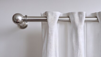 Close-Up of White Fabric Shower Curtain on Metal Rod in Minimal Bathroom Interior – Modern Home Decor Concept Isolated on White Background