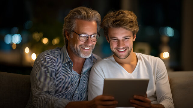 A joyful moment between father and adult son watching a tablet