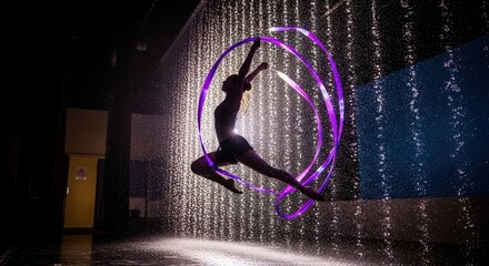 Female aerialist performing ribbon dance under rainfall lighting