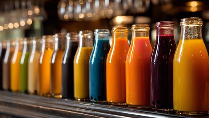 Colorful Bottled Juices Displayed on Stainless Steel Juicer Machine at Luxury Hotel Restaurant Bar – Fresh and Vibrant Beverage Presentation