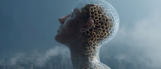 Surreal double exposure of human head wireframe with beehive structure
