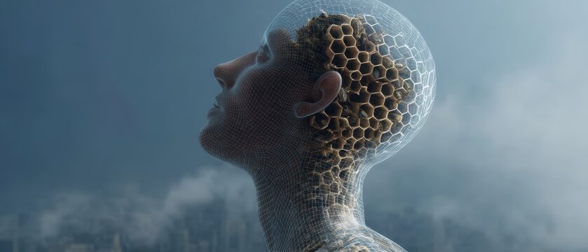 Surreal double exposure of human head wireframe with beehive structure