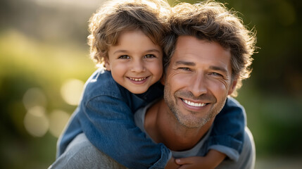 Fototapeta premium Father carrying son on shoulders in park walk during sunny day