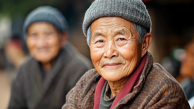 group of senior old Asian Chinese man smiling at camera sitting relax at town street
