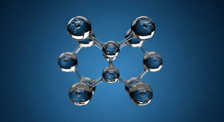 Glass molecule model on blue background, showcasing scientific research and innovation, representing connection and structure in science and technology