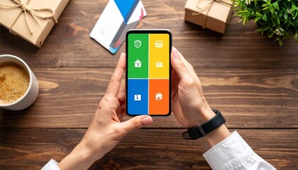 Close-up of two hands holding smartphone showing a colorful app interface on a wooden table background3