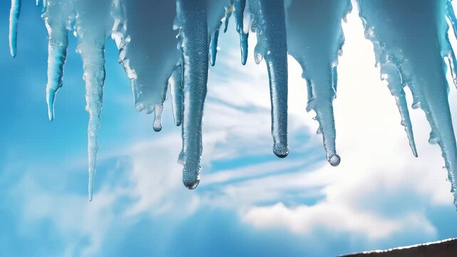 Detailed close-up of intricate icicle formations with water droplets, suspended against soft blue sky background. Melting process captured with delicate ice structures.
