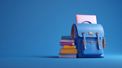 Stylish blue schoolbag packed with books and laptop on a vibrant blue background perfect for creative advertising.