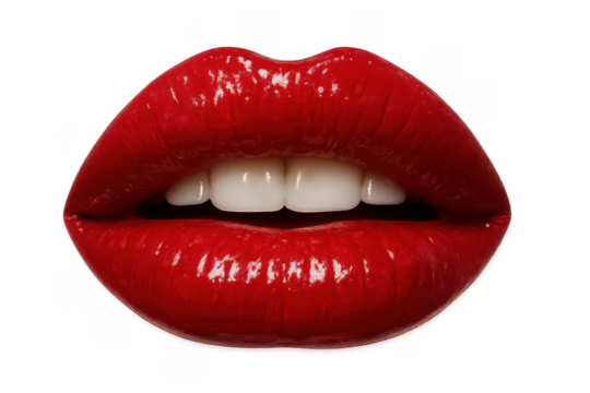Sexy glossy red lips slightly open showing white teeth on transparent background
