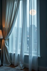 Sheer curtains softly frame a window revealing a bright full moon on a calm night.