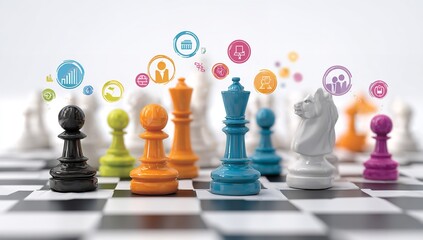 Colorful Chessboard with AI Symbolic Piece Representing Strategy, Market Research, and News Technology on White Background – Conceptual Business Visualization
