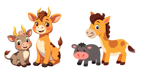 Cartoon farm animals including goat, cow, and horse in pastel colors  
